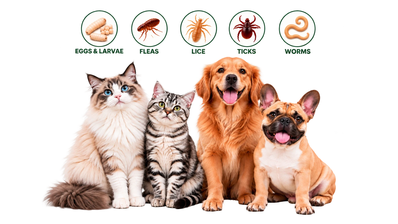 Two cats and two dogs beneath illustrated flea, tick, lice, larvae and worm icons