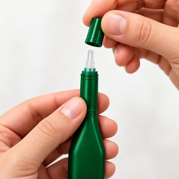 Hands opening the green applicator