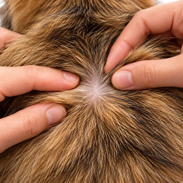 Hands parting fur to reveal skin