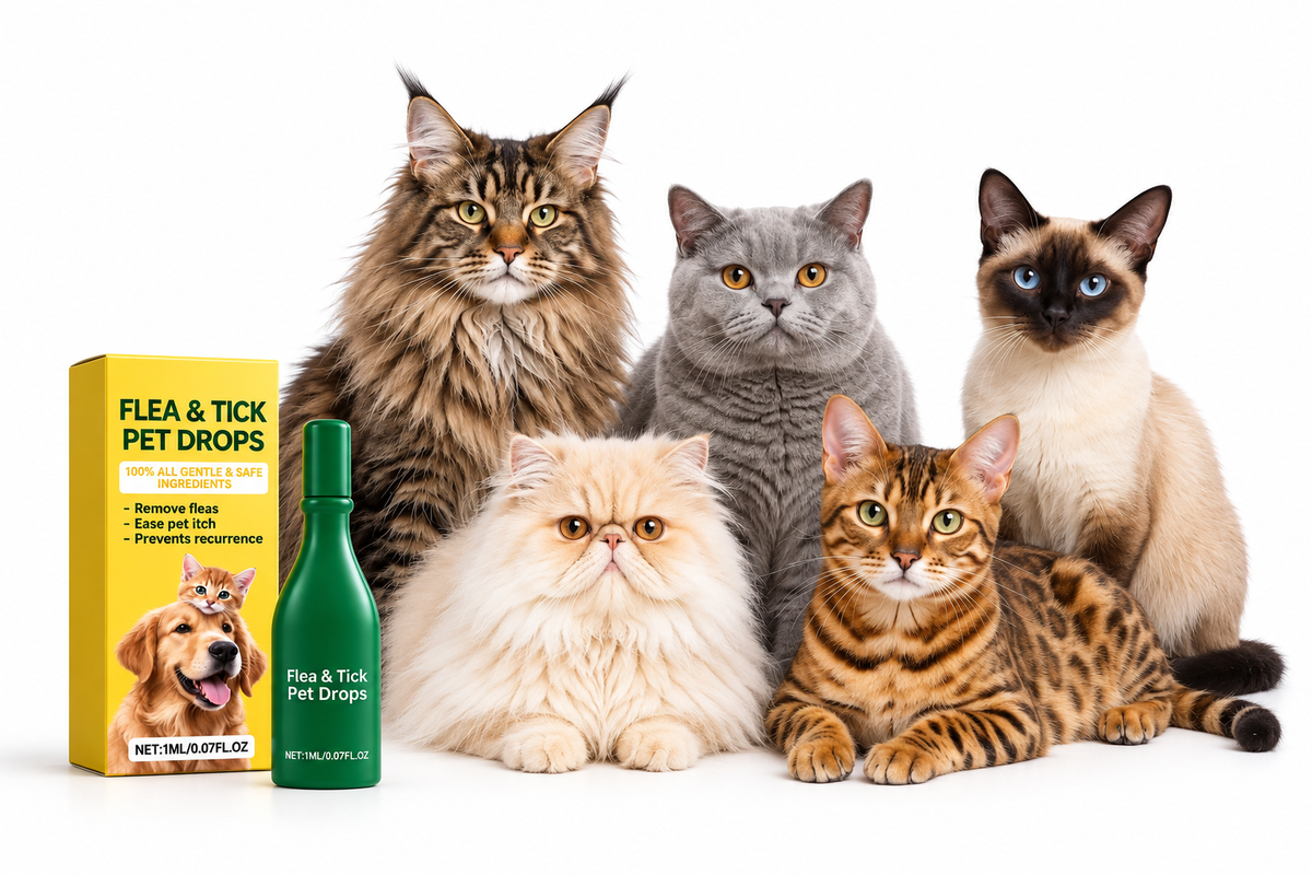 Flea and tick drops bottle and box beside five cats on a white background