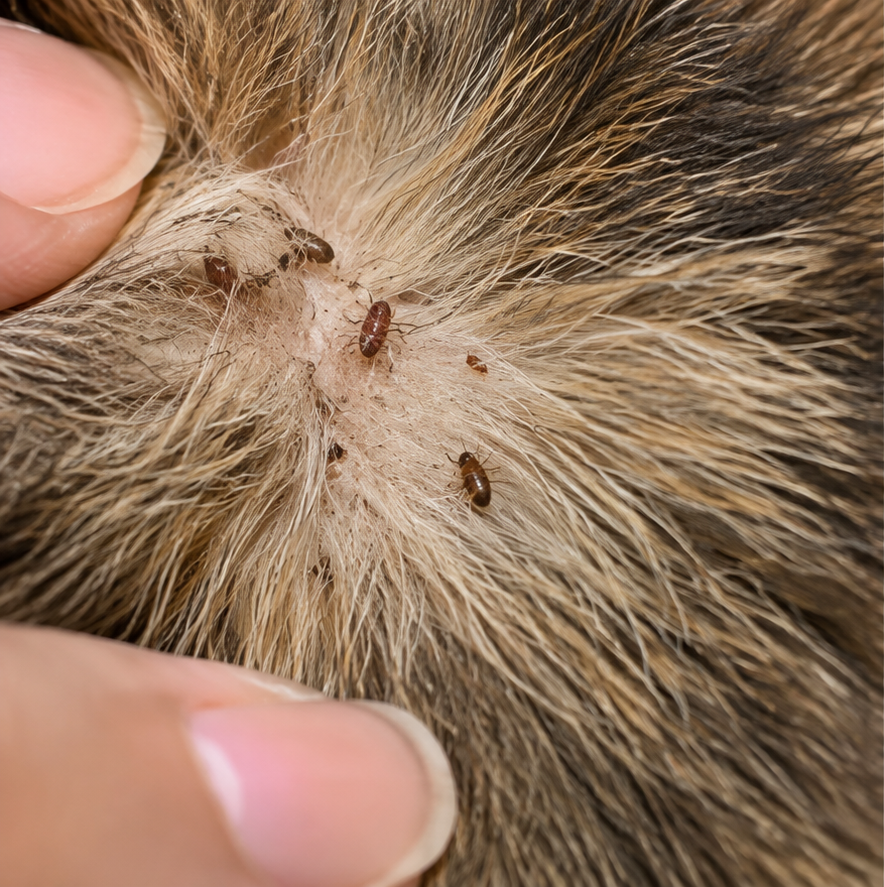 Illustrative before view of pet with fleas