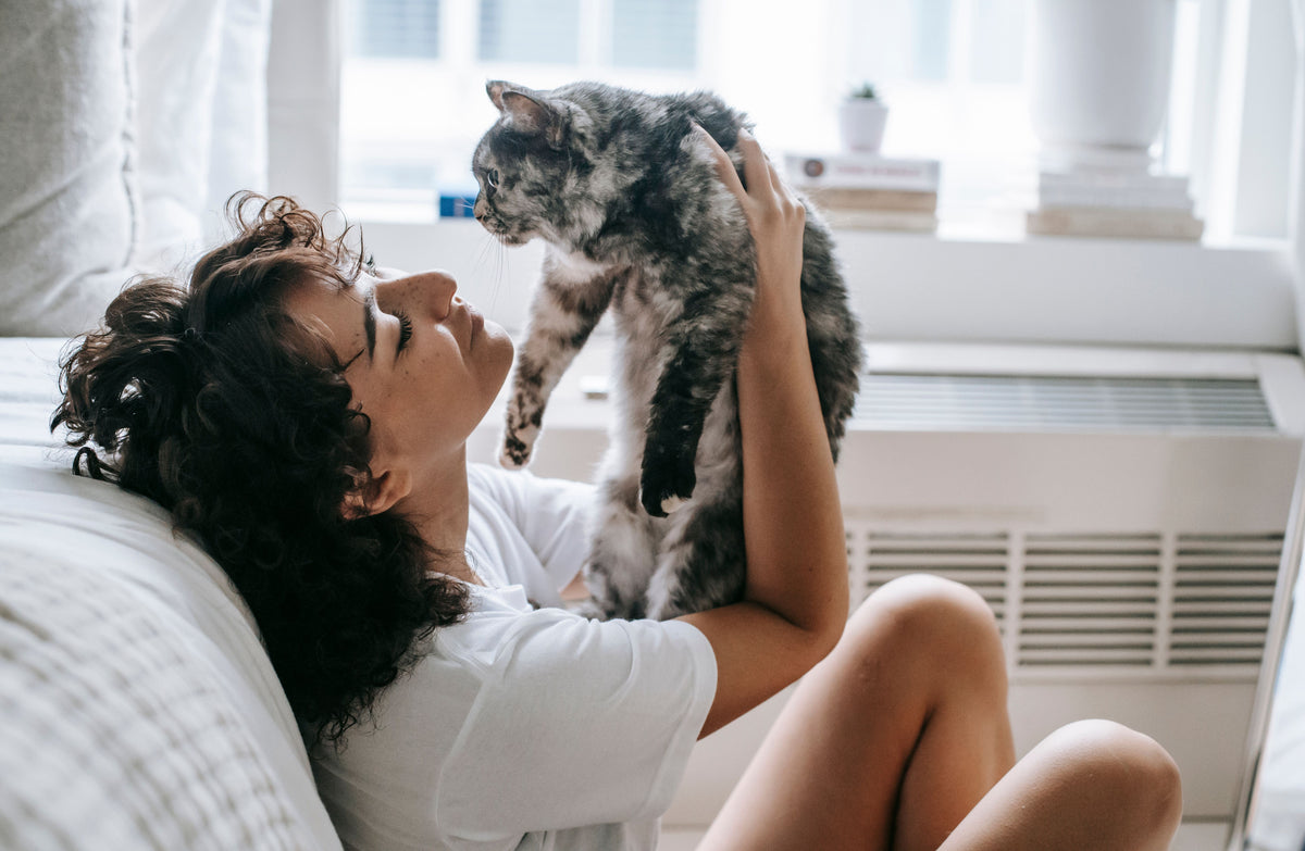 A woman cuddling her cat in a bright home. Photo by Sam Lion on Pexels.