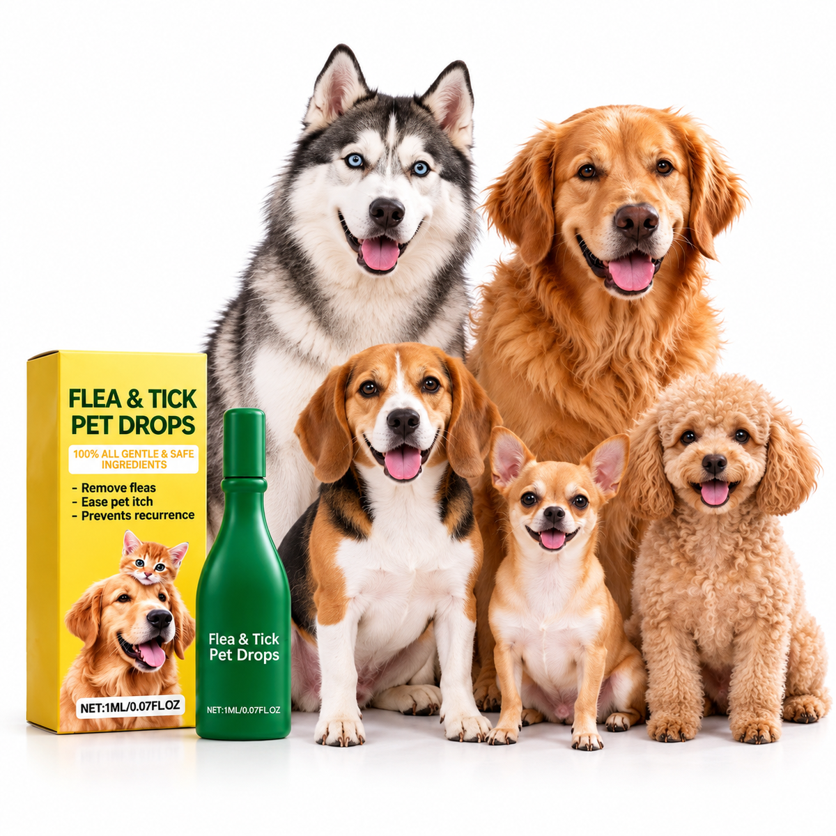 Flea and tick drops bottle and box beside five dogs on white