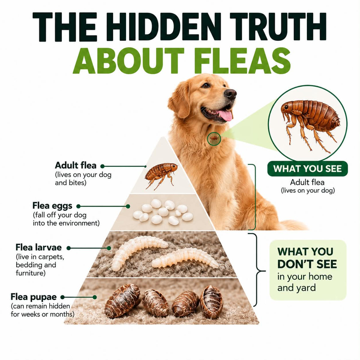 Illustration of the flea life cycle around dogs