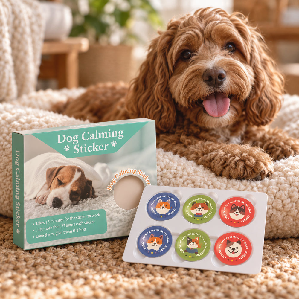 Happy dog with NeuroPet Dog Calming Sticker product and sticker pack