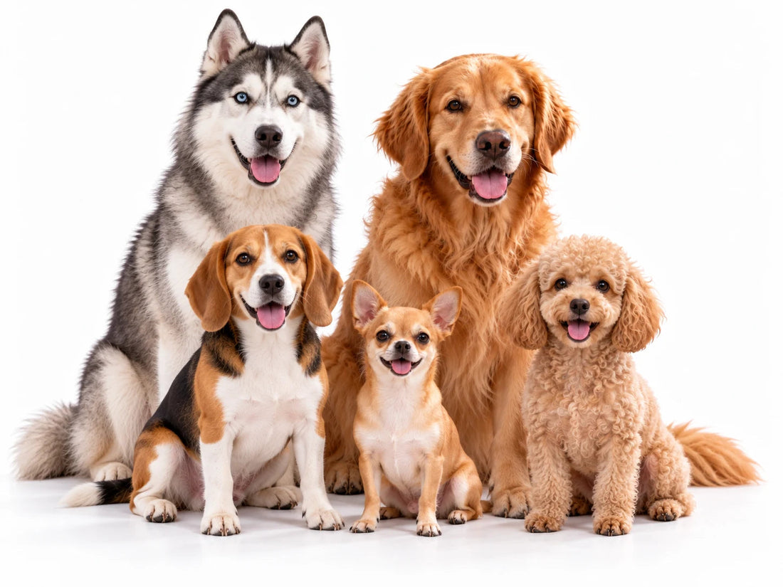 Golden Retriever, Chihuahua, Beagle, Siberian Husky and Poodle together on a white background