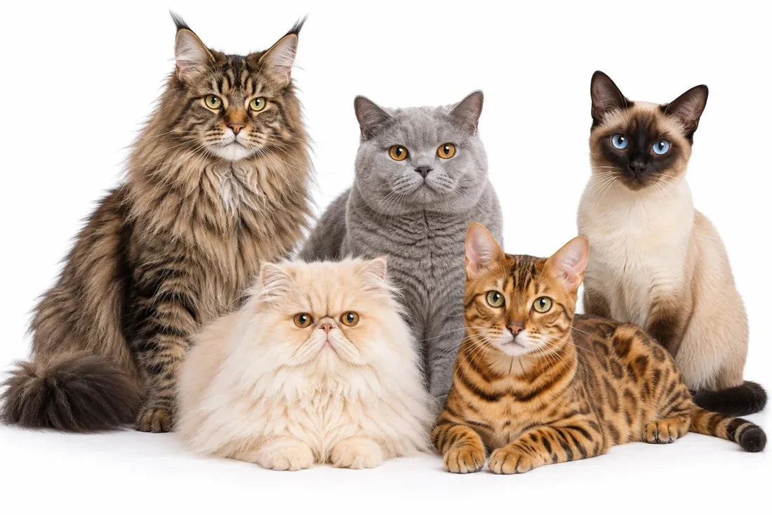 Five different cat breeds together on a white background